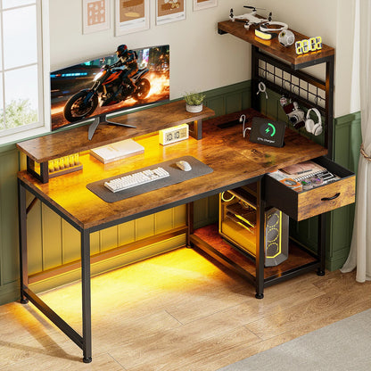 EnHomee 40" Gaming Desk with Power Outlets & RGB LED – Drawer, Storage Shelves & Monitor Stand