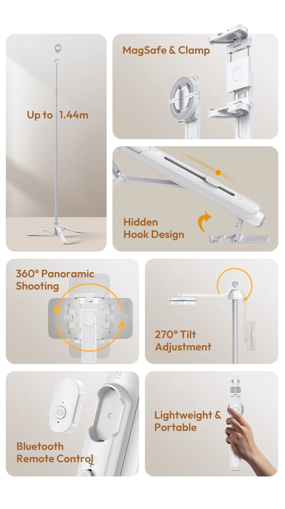 Ulanzi TT88 1.44M Overhead Selfie Stick Tripod – Magnetic Clamp, Wireless Remote, for Vlog & Live