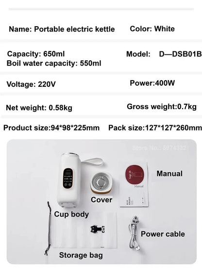 650ml Portable Electric Travel Kettle – 400W, Temperature Control, Auto Keep Warm | Office & Travel Teapot