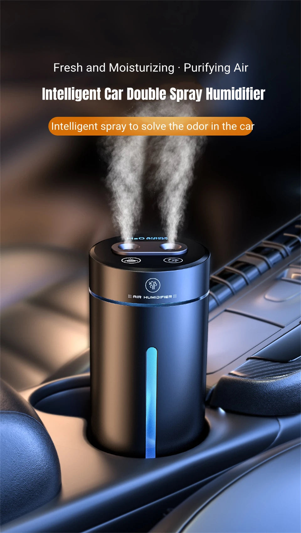 R.E.D. Shopping Zai Xiao 380ML double spray vehicle air humidifier with mood light, USB charging, and essential oil diffuser in a car setting.