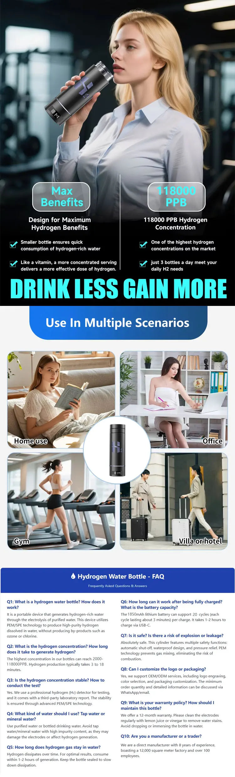 SPE PEM Hydrogen Water Generator Bottle – 9000ppb with Inhaler