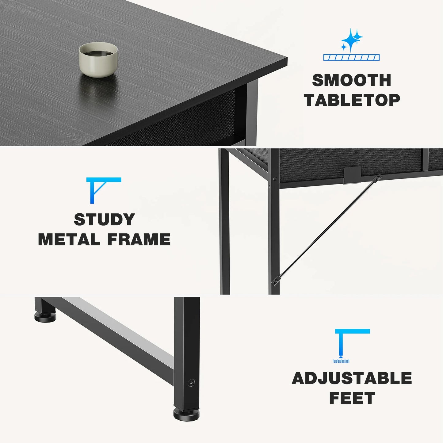 JHK 32" Office Desk with Fabric Storage Drawers & Side Bag – Metal Frame Home PC Table