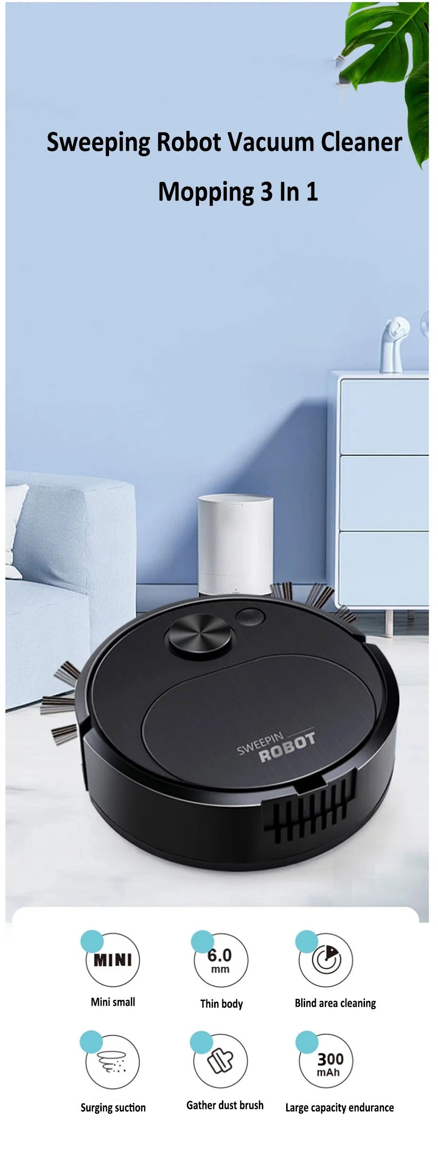 R.E.D. Shopping 3-in-1 smart robot vacuum cleaner with mopping, wireless sweeping, 1500Pa for home and office cleaning.