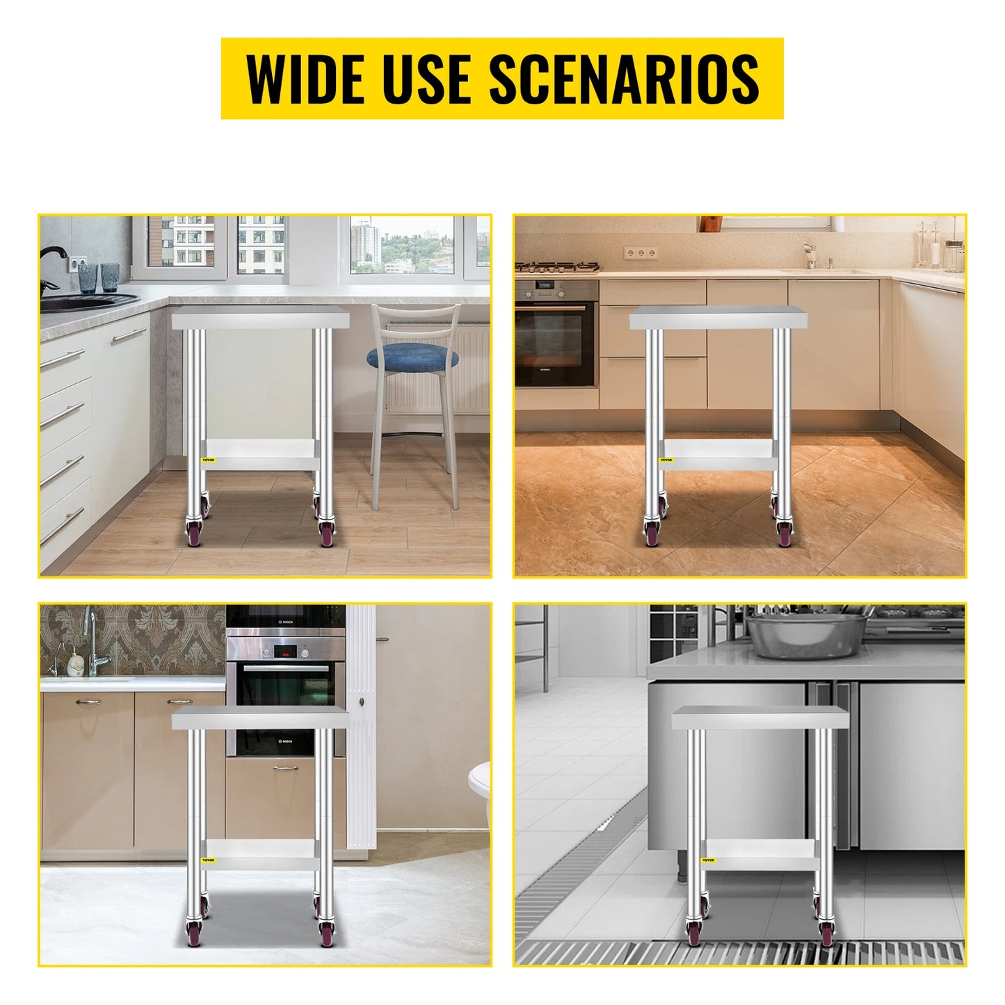 SucceBuy Stainless Steel Commercial Kitchen Worktable – Shelves & Caster Wheels