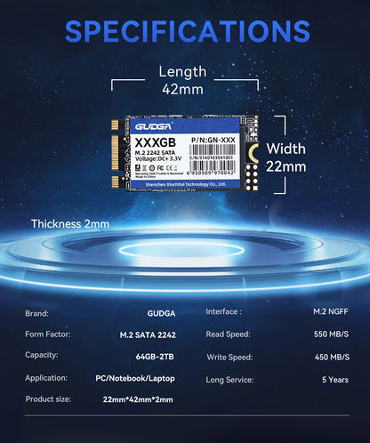 GUDGA M.2 SATA SSD – 128GB to 1TB Internal Drive (2242 & 2280)