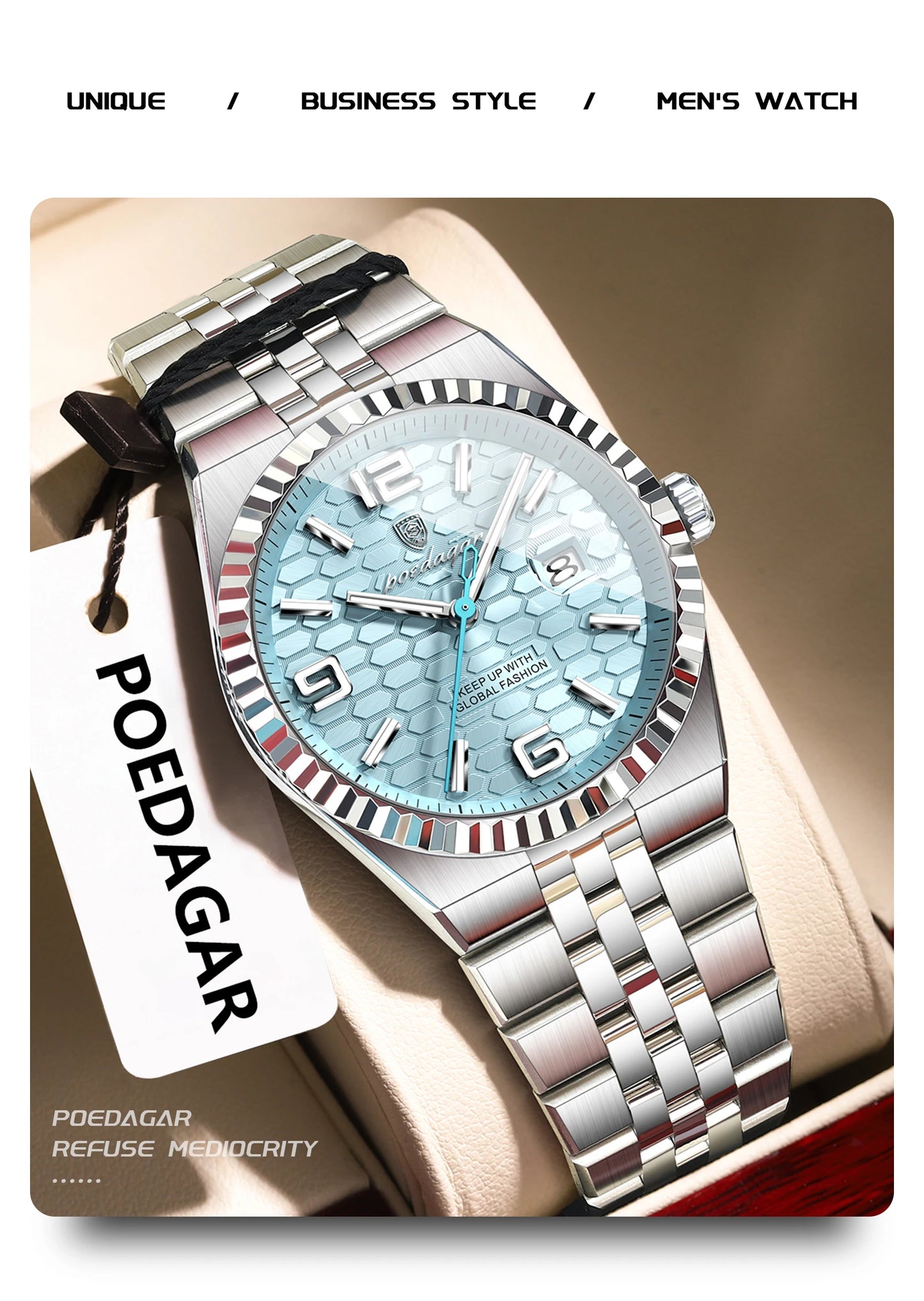 POEDAGAR Men's Luxury Watch – Stainless Steel, Waterproof, Luminous, Date Display, With Box