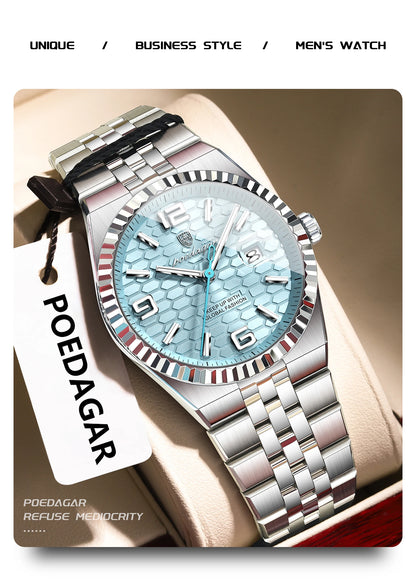 POEDAGAR Men's Luxury Watch – Stainless Steel, Waterproof, Luminous, Date Display, With Box