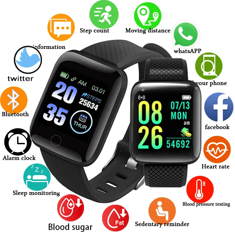 R.E.D. Shopping 116Plus smart watch with fitness tracker, heart rate monitor, and sleep tracking displayed on screen.