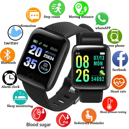 R.E.D. Shopping 116Plus smart watch with fitness tracker, heart rate monitor, and sleep tracking displayed on screen.