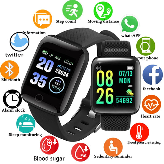 R.E.D. Shopping 116Plus smart watch with fitness tracker, heart rate monitor, and sleep tracking displayed on screen.