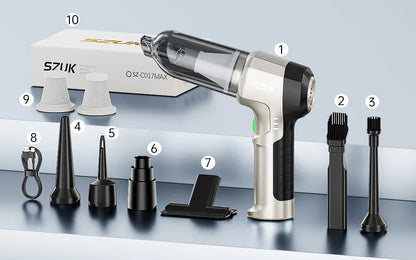 R.E.D. Shopping SZUK portable car vacuum cleaner with 100W power, 15KPa suction, and 3-in-1 wireless handheld design.