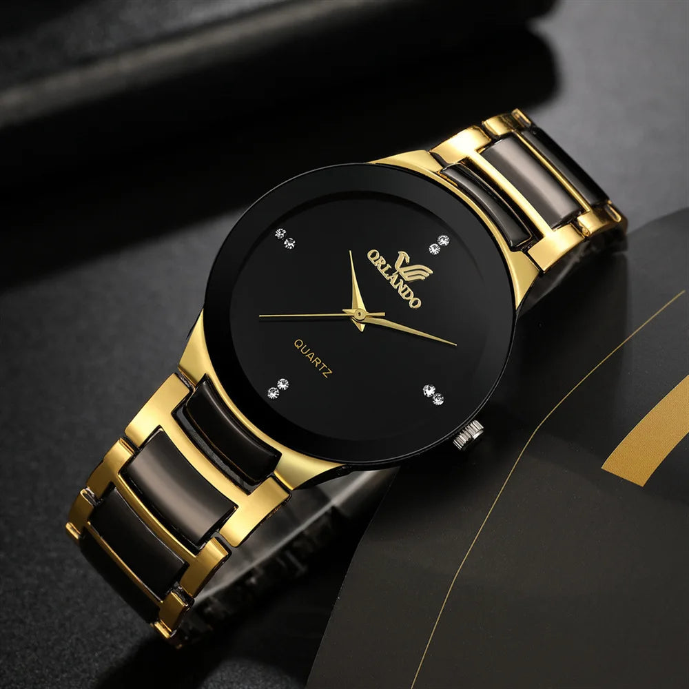 Men's black dial steel quartz watch with minimalist design, featuring a sleek black strap and classic round face.