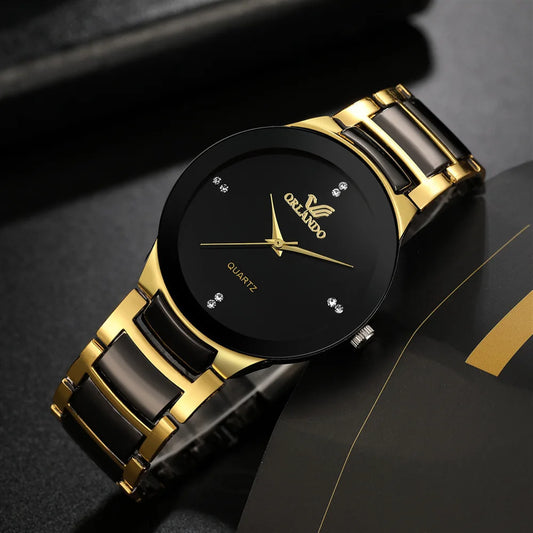 Men's black dial steel quartz watch with minimalist design, featuring a sleek black strap and classic round face.