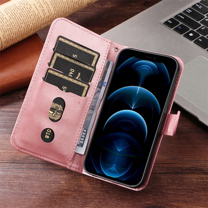 Leather iPhone 16 Plus zipper wallet case with card slots and magnetic stand, offering stylish phone protection and convenience.