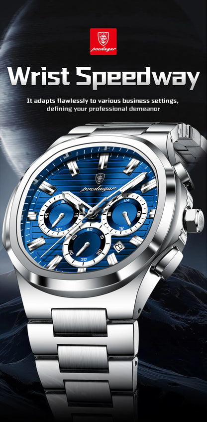 POEDAGAR Men's Luxury Chronograph Watch – Stainless Steel, Waterproof, Luminous, Date