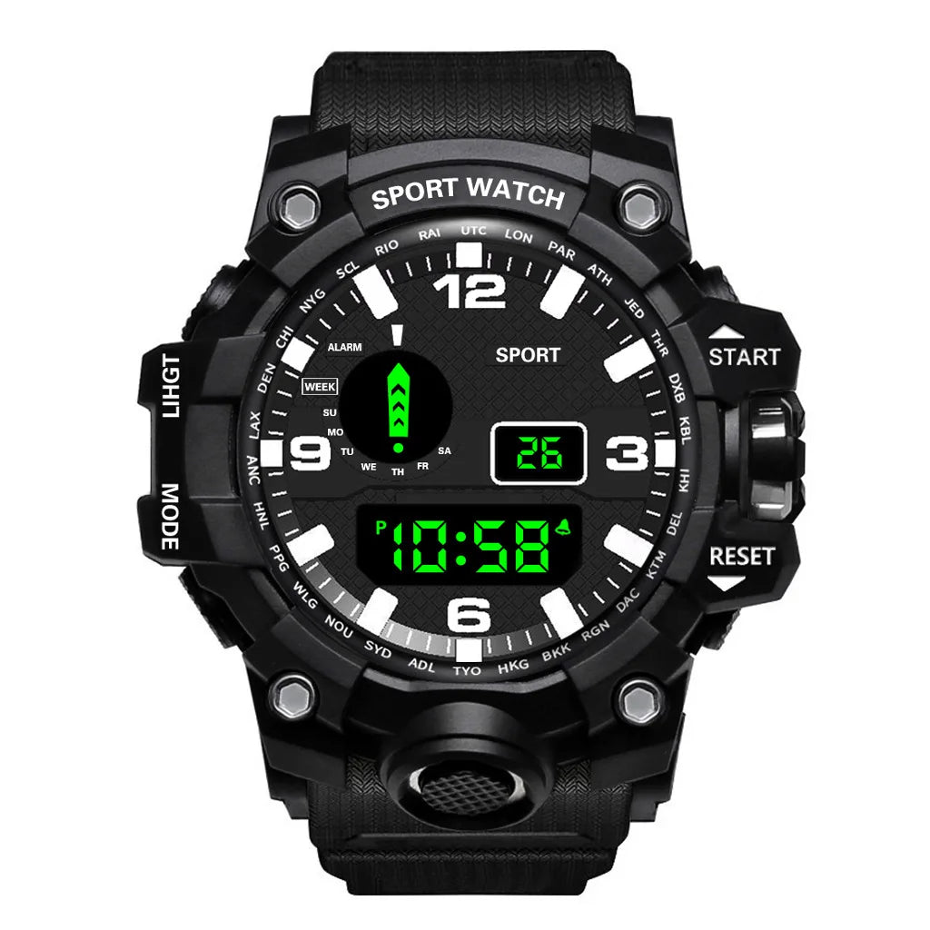 Men's sports electronic wristwatch with large dial, waterproof design, luminous display, and alarm from R.E.D. Shopping.