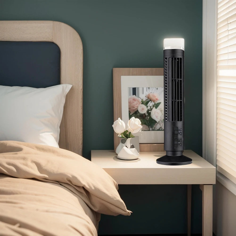 LED Bladeless Tower Fan — 90° Oscillating, USB Powered, Quiet, Desk Fan with Light, Home & Office