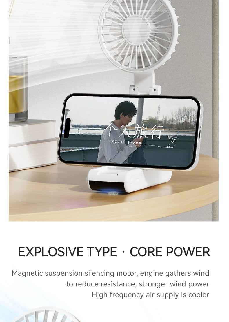 WO.Poblwc Handheld Mini Fan – 1800mAh Foldable, 5-Speed USB Rechargeable, Neck Hanging, Phone Stand, for Home & Outdoor