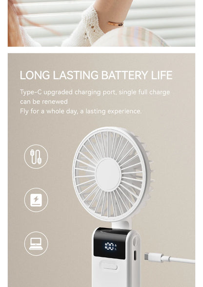 WO.Poblwc Handheld Mini Fan – 1800mAh Foldable, 5-Speed USB Rechargeable, Neck Hanging, Phone Stand, for Home & Outdoor