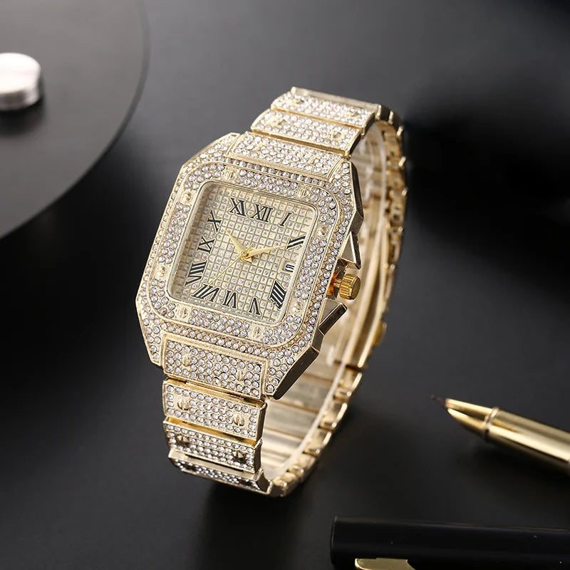 Men's luxury square rhinestone quartz watch with steel strap, stylish business wristwatch by R.E.D. Shopping.