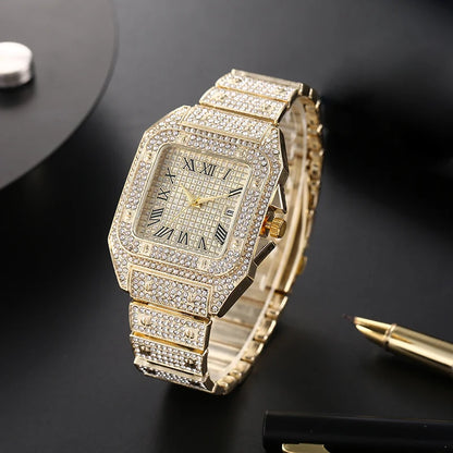 Men's luxury square rhinestone quartz watch with steel strap, stylish business wristwatch by R.E.D. Shopping.