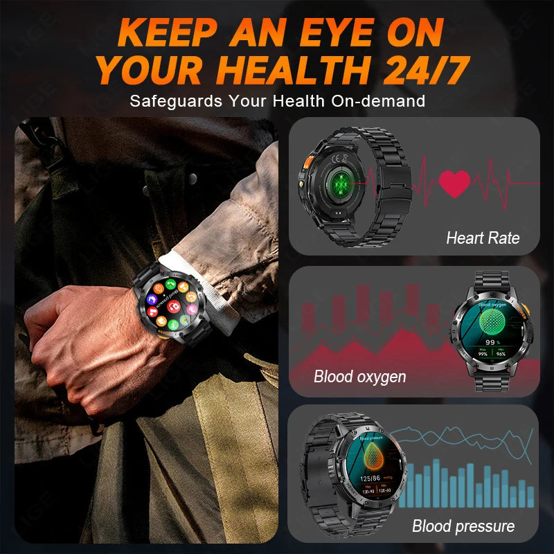 AMOLED Smart Watch for Men – Flashlight, Sports, Waterproof, Bluetooth Call + Box