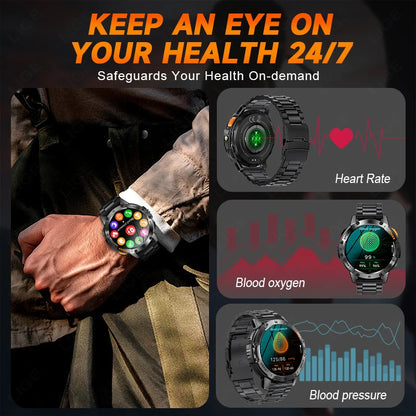 AMOLED Smart Watch for Men – Flashlight, Sports, Waterproof, Bluetooth Call + Box