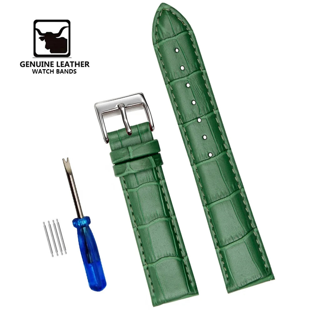 Premium Genuine Leather Watch Strap | 12–24mm, 9 Colors + Tool
