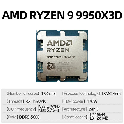 AMD Ryzen 9 9950X3D – 16-Core, 5.7GHz, 128MB Cache, AM5 Gaming CPU (No Fan)