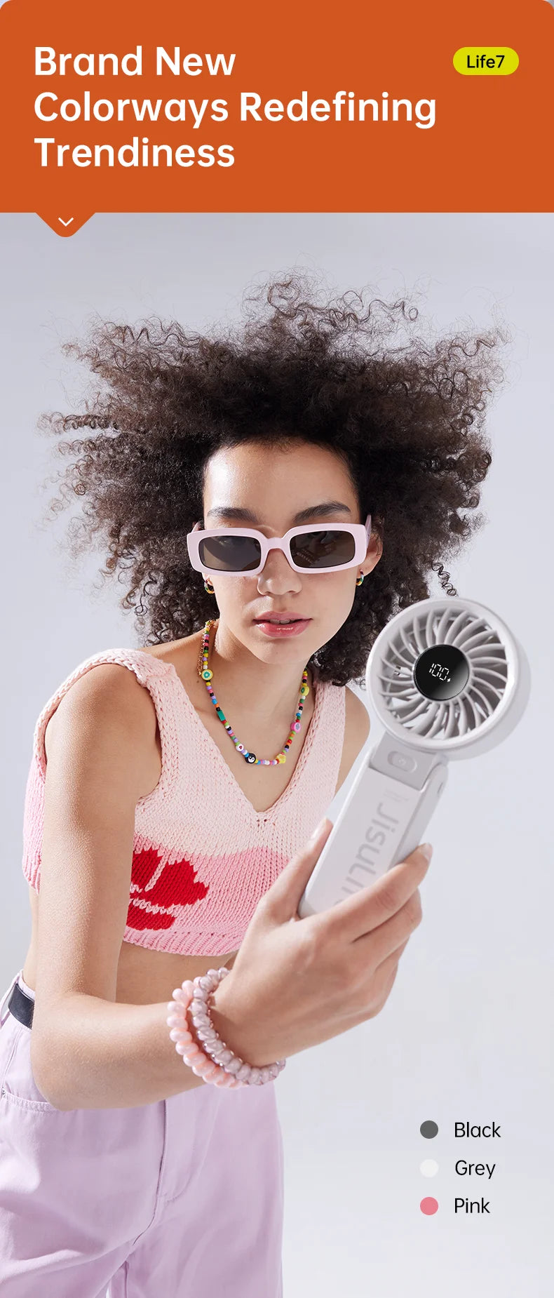 JISULIFE 3-in-1 Portable Handheld Fan – 5 Speeds, LED Display, 3600/5000mAh, Hand/Desk/Neck