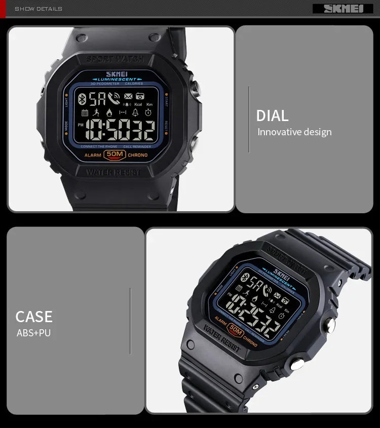 SKMEI 1629 Bluetooth Sport Digital Watch – Pedometer, Calorie Tracker for iPhone, Huawei, Xiaomi