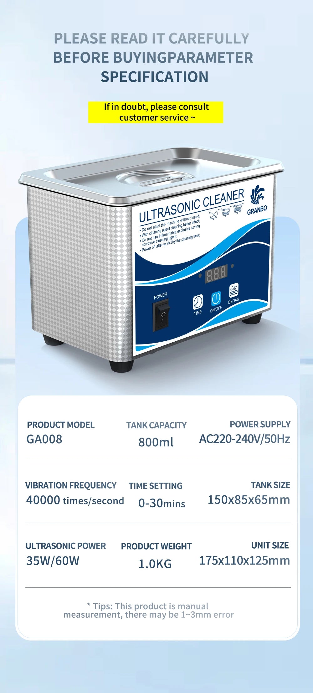 800ml Ultrasonic Cleaner 60W | EU Plug | Degas | 110V-220V | Watches & Jewelry