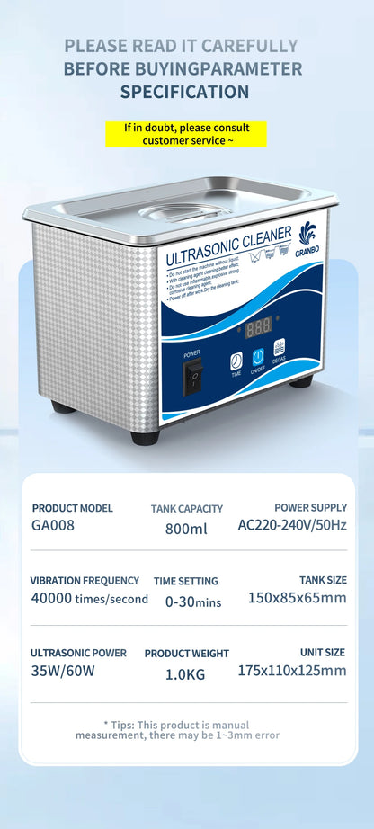 800ml Ultrasonic Cleaner 60W | EU Plug | Degas | 110V-220V | Watches & Jewelry
