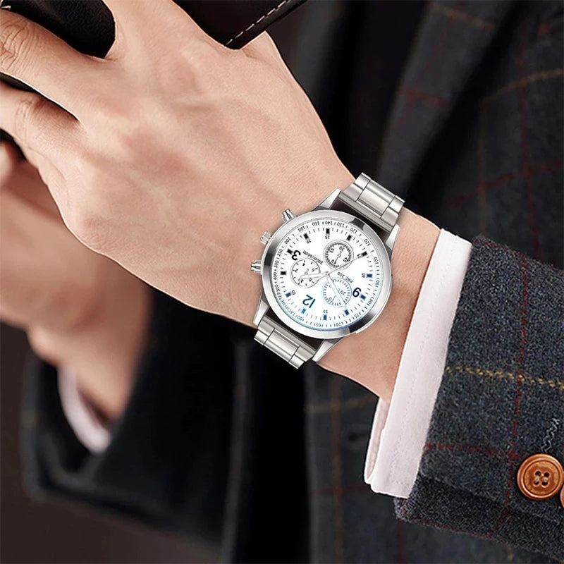 Men’s R.E.D. Shopping Quartz watch with stainless steel band, paired with a matching bracelet set, stylish business accessory