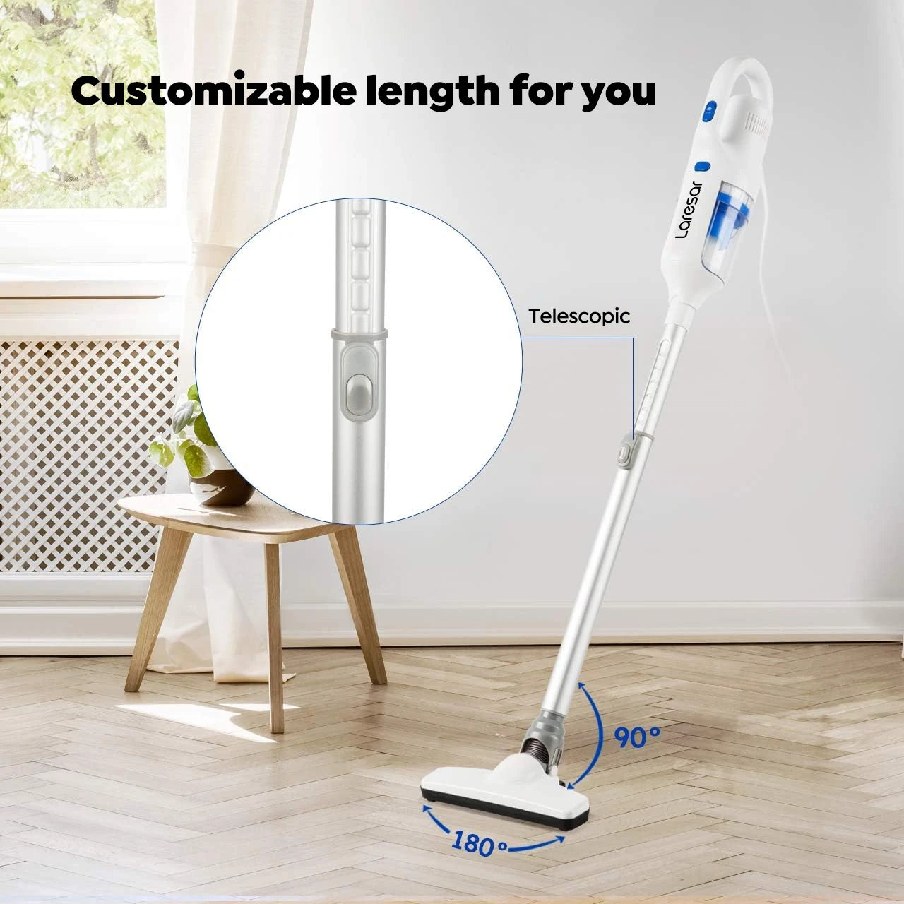 Laresar L3 cordless vacuum cleaner with 400W power, washable HEPA filter, pet hair removal, and 20Kpa suction in black and silver.