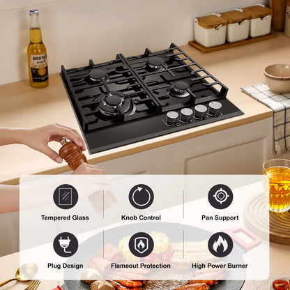 Black 60cm built-in gas hob with four burners, cast iron grates, flame failure protection, and black glass surface for modern kitchens.