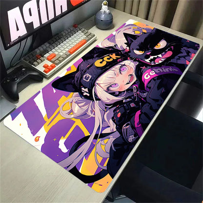 Kawaii Girls & Cat Graffiti Deskmat 900x400 – Anime Gaming Mouse Pad, Waterproof, Non-Slip