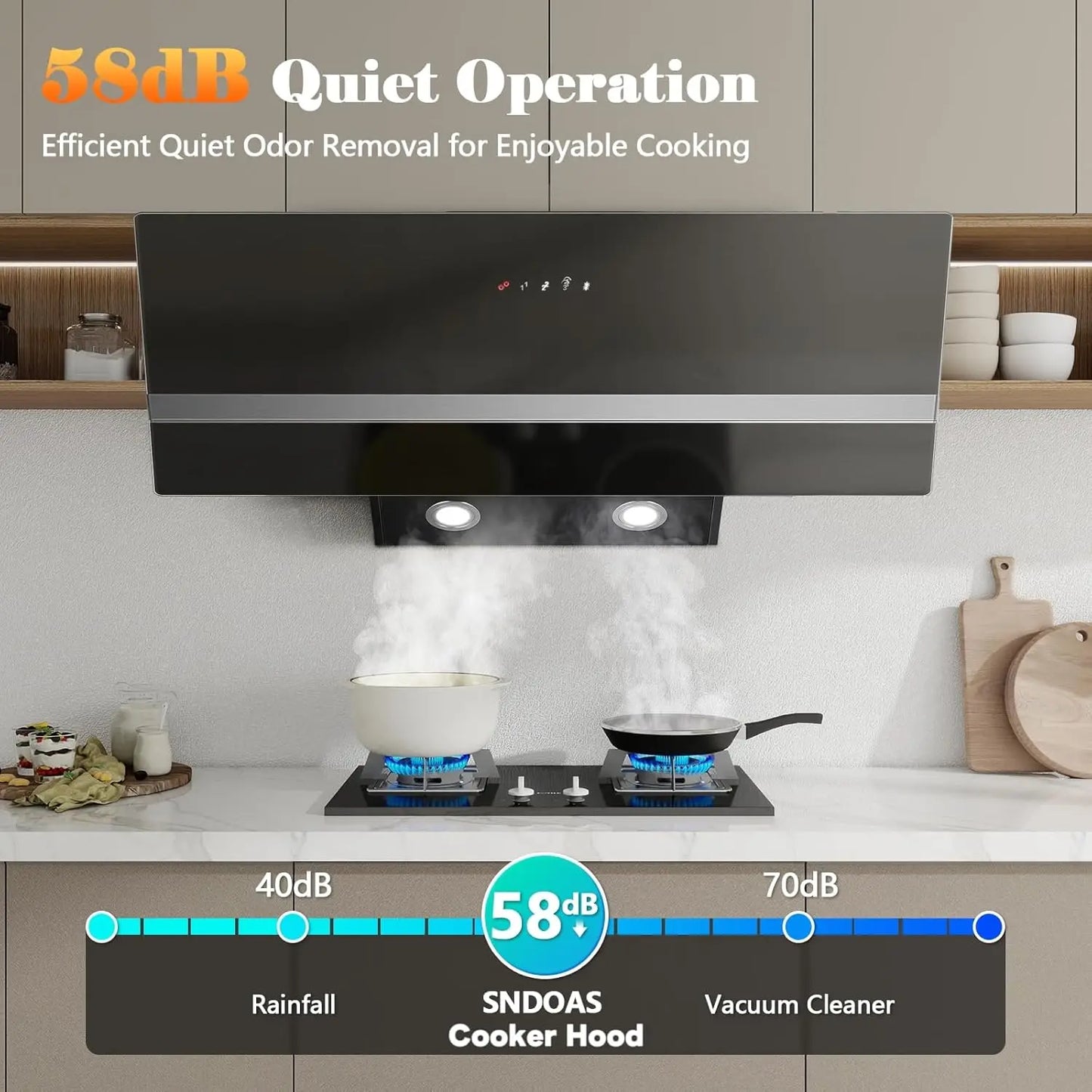 90cm Wall-Mounted Range Hood – A+++ Energy Class, 400m³/h, Touch Control, LED, Black Stainless Steel/Glass, 58dB