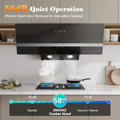 90cm Wall-Mounted Range Hood – A+++ Energy Class, 400m³/h, Touch Control, LED, Black Stainless Steel/Glass, 58dB