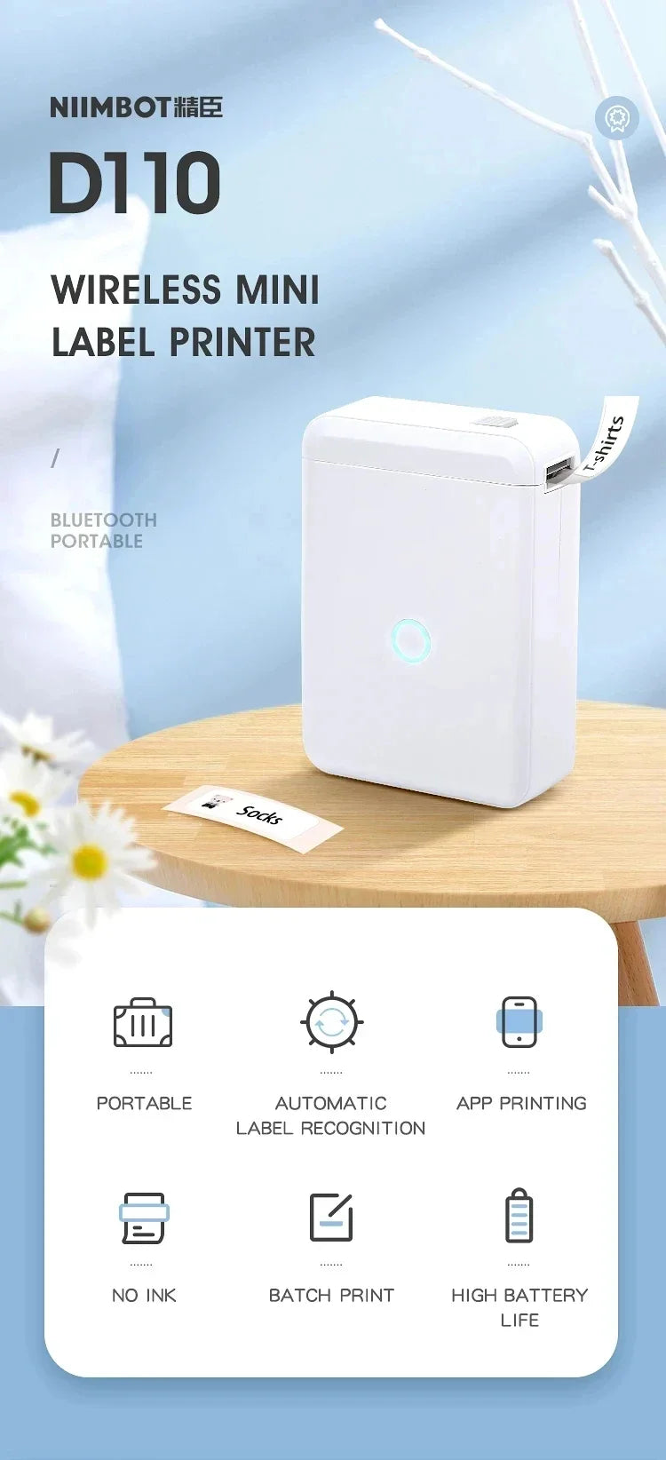 Niimbot D110 Portable Mini Label Printer – Thermal, Inkless, Bluetooth, UV