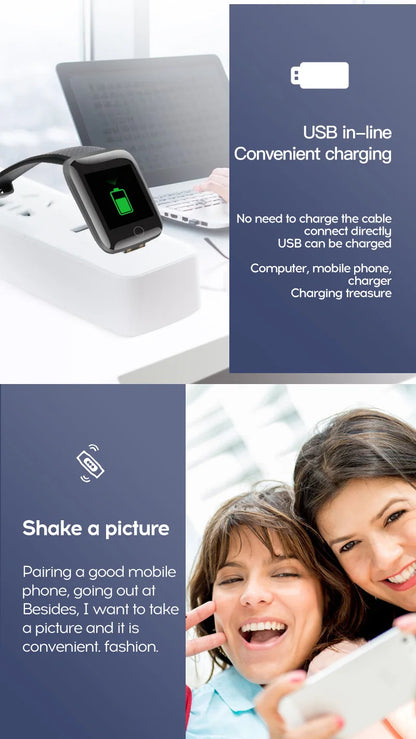 R.E.D. Shopping 116Plus Smart Watch with fitness tracker, heart rate monitor, and sleep tracking display on a black wristband.