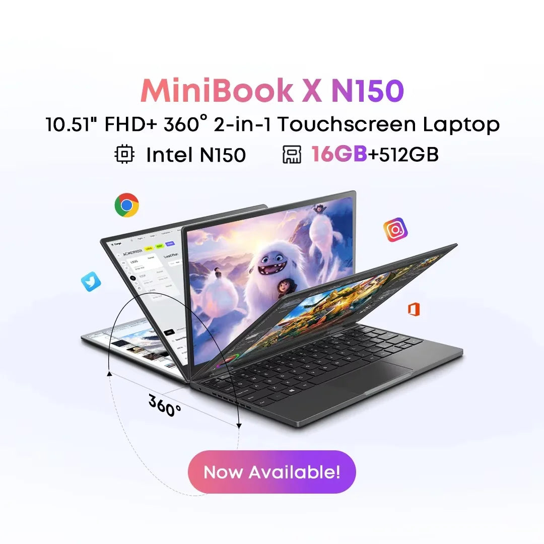 CHUWI MiniBook X 2-in-1 Tablet Laptop – Intel N150, 16GB LPDDR5, 512GB SSD, 10.51" 2K Touch, WiFi 6, Windows 11