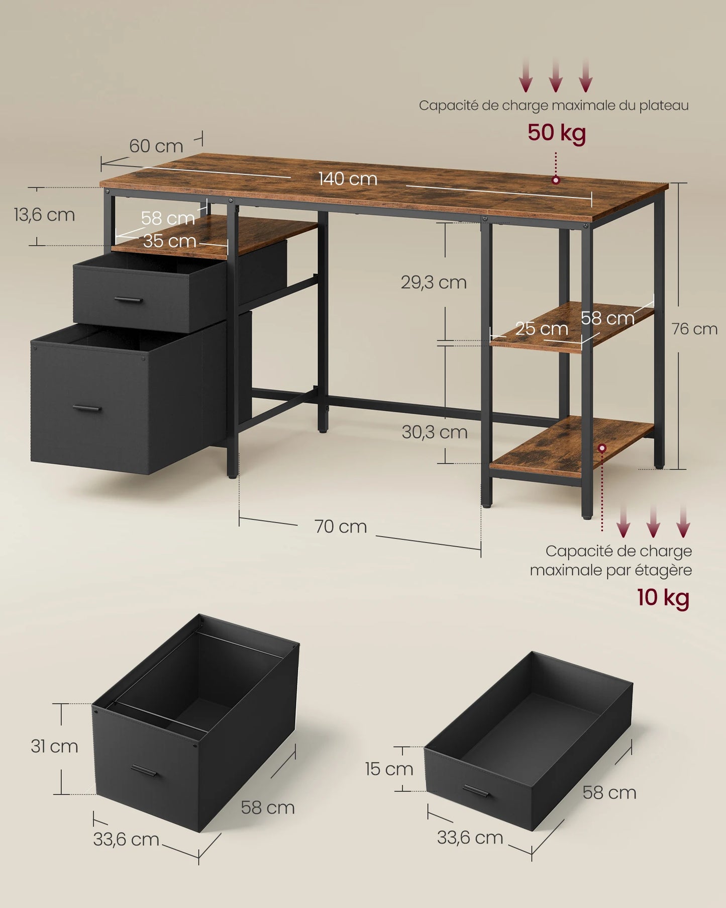Computer Desk, 3 Shelves, 2 Drawers, 60 x 140 x 76 cm, Rustic Brown and Black/Natural Oak and Pearl White Color