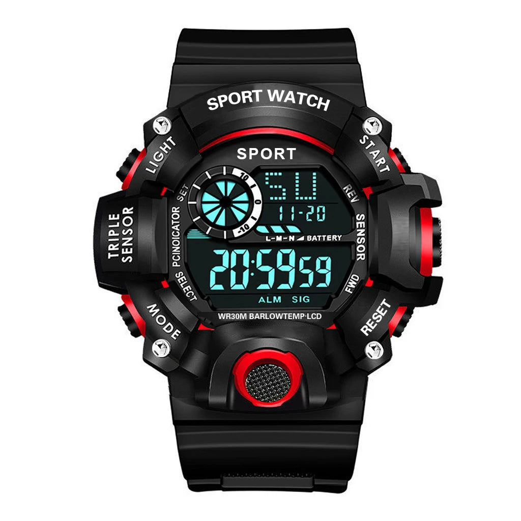 Men's sports electronic wristwatch with large dial, waterproof design, luminous display, and alarm feature by R.E.D. Shopping.