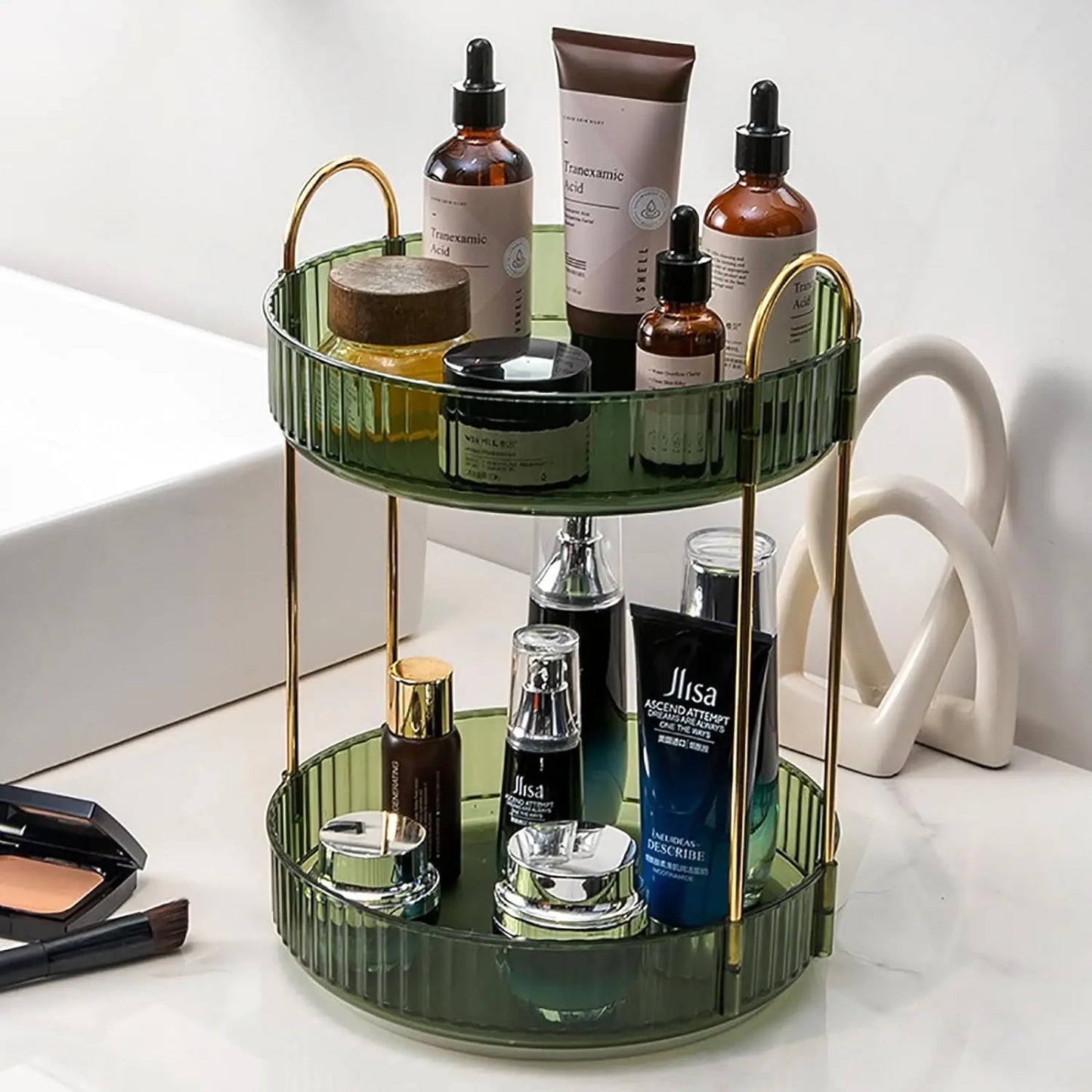 360° Rotating Makeup Organizer | 2-Layer Vanity Skincare & Cosmetic Storage
