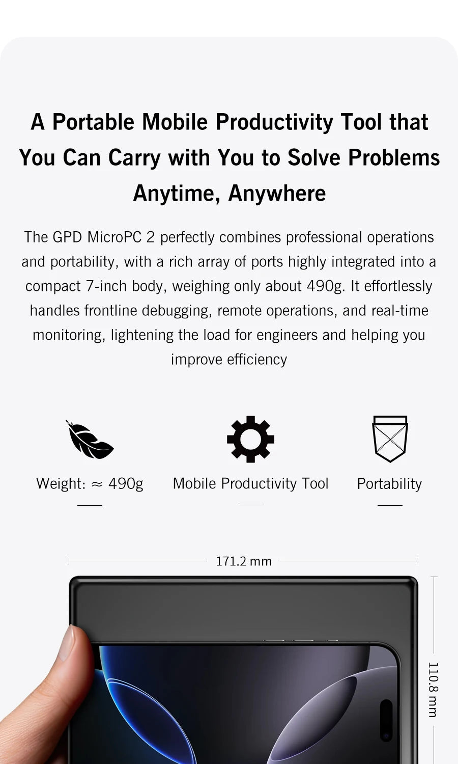 GPD MicroPC 2 – 7" Mini Laptop, Intel i3 N300, 16GB DDR5, 512GB SSD, Windows 11