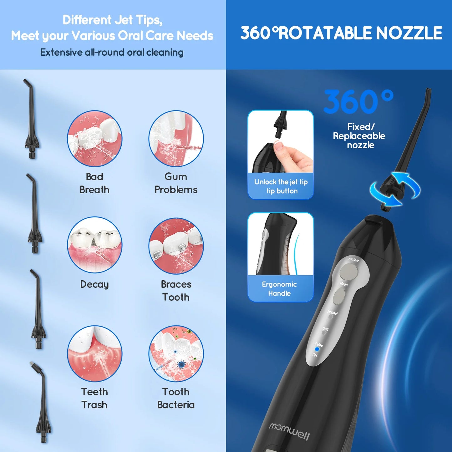 Mornwell D52 Portable Water Flosser + X3 Electric Toothbrush Combo – 4 Modes, 300ml Tank, Rechargeable, Travel-Ready