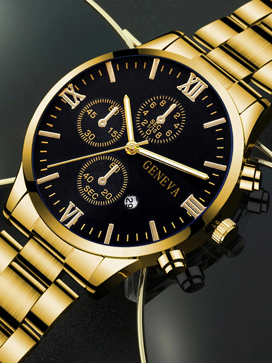 Men's gold watch, necklace, bracelet, and ring gift set by R.E.D. Shopping featuring Roman quartz watch and jewelry pieces.