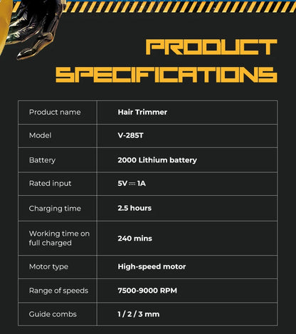 VGR Clipper Professional Hair Trimmer Electric Hair Cutting Machine 9000 RPM Hair Clipper Barber Cordless Clipper for Men V-285