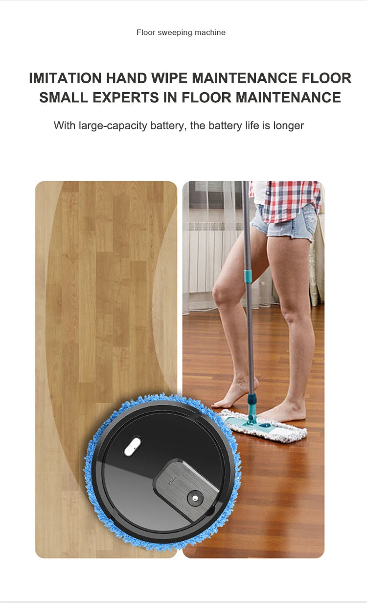 R.E.D. Shopping smart sweeping and mop robot with humidifying spray cleaning a hardwood floor, compact home appliance for automatic floor cleaning.